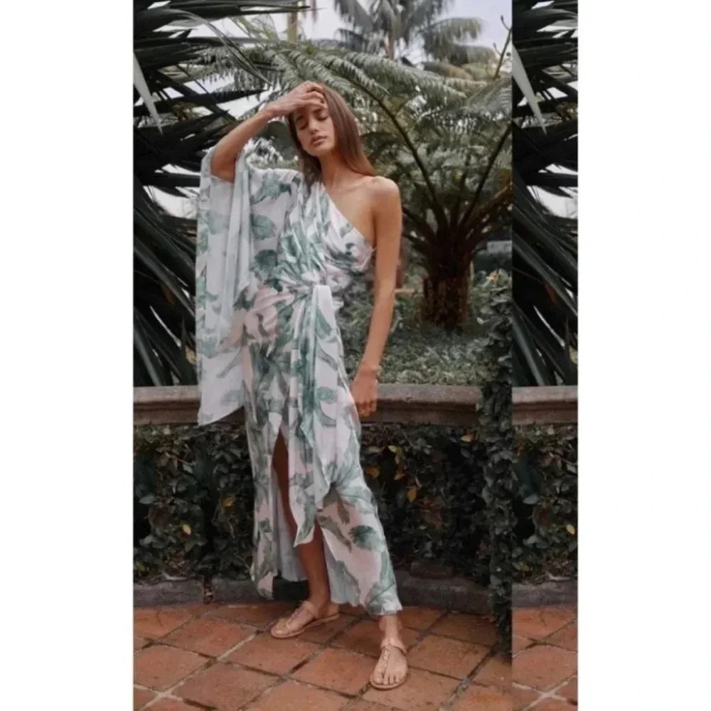 Significant Other Caspian One Shoulder Maxi Dress Tropical Leaf Size 2